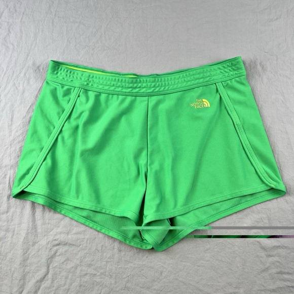 NORTH FACE Sunriser Logo Shorts Womens Large Green Split Hem Running Performance - Picture 2 of 9